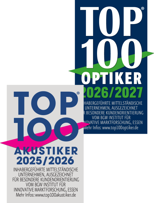 Zwei Auszeichnungssiegel „TOP 100“ für Optiker 2026/2027 und Akustiker 2025/2026 von Männing hören sehen erleben.