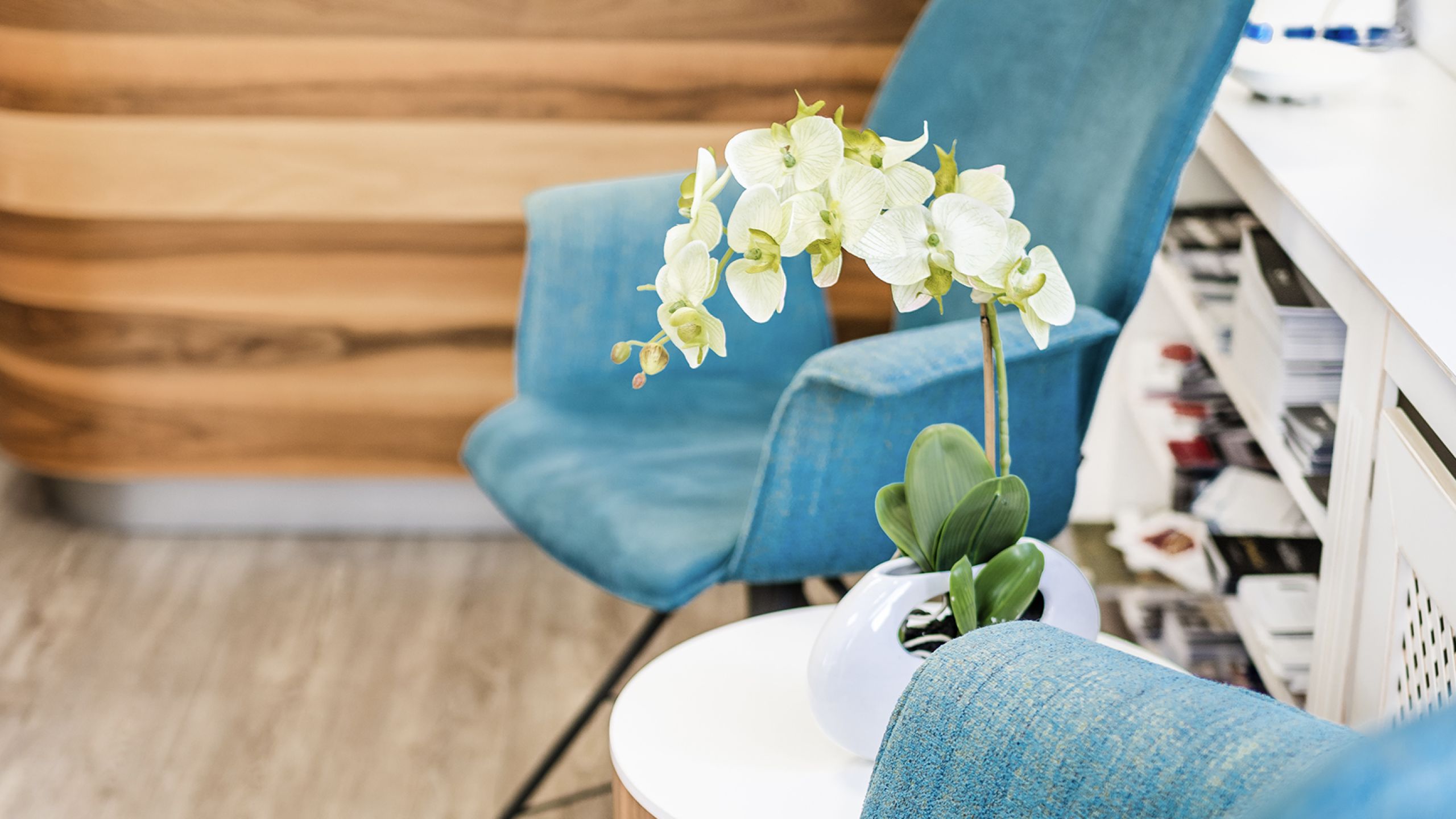 Wartebereich mit blauen Sesseln, weißem Beistelltisch und einer Orchidee im Männing Fachgeschäft Wülfrath.
